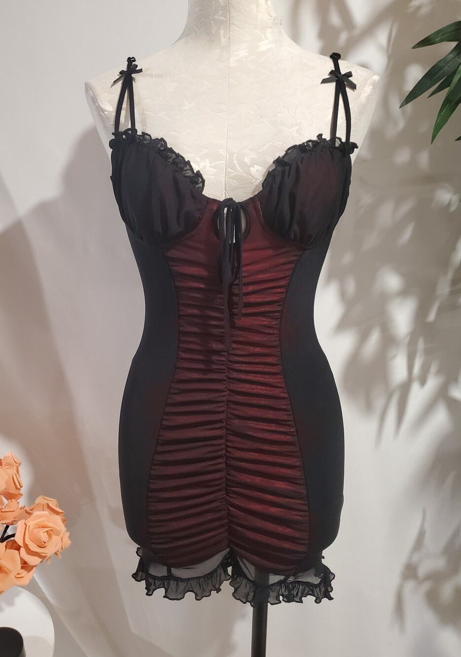Shein Sheer Mesh Ruched Milkmaid Bodycon Slip Dress 4 S Red Black Coquette Goth